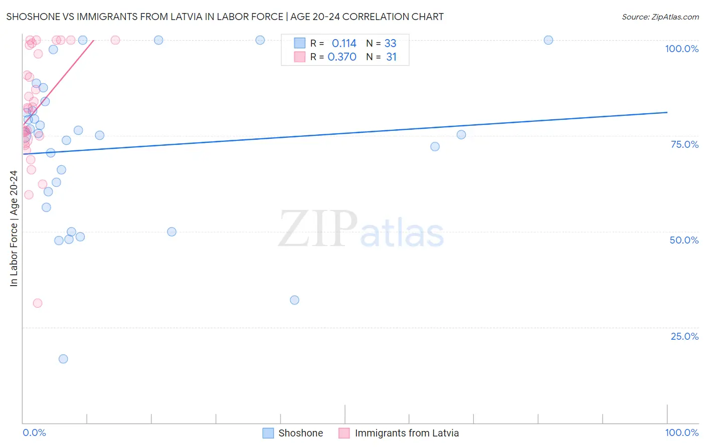 Shoshone vs Immigrants from Latvia In Labor Force | Age 20-24