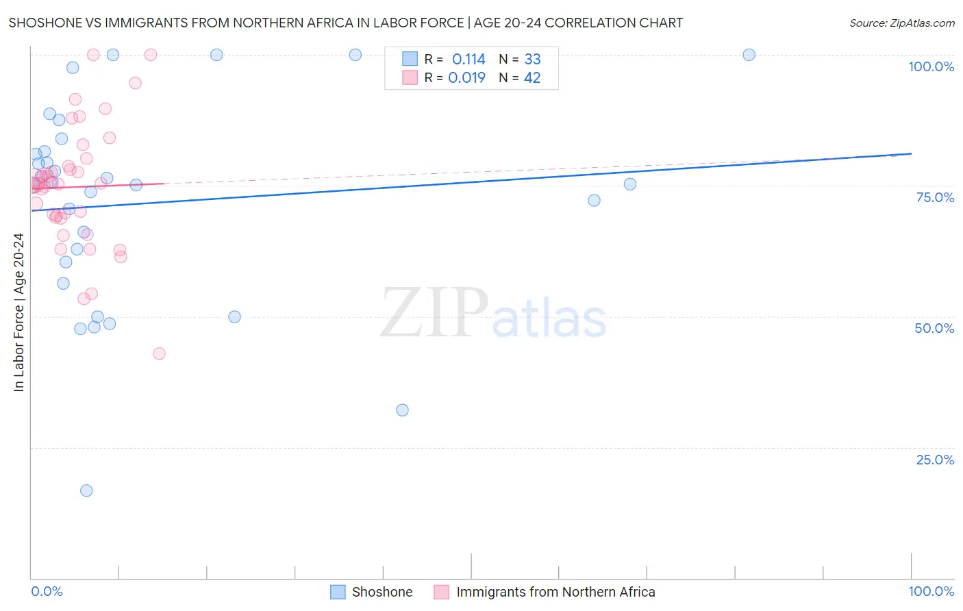 Shoshone vs Immigrants from Northern Africa In Labor Force | Age 20-24