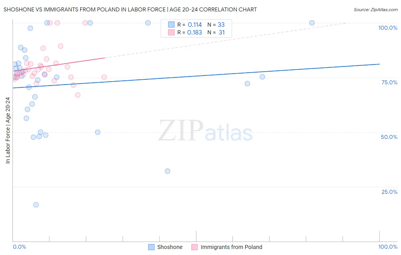 Shoshone vs Immigrants from Poland In Labor Force | Age 20-24