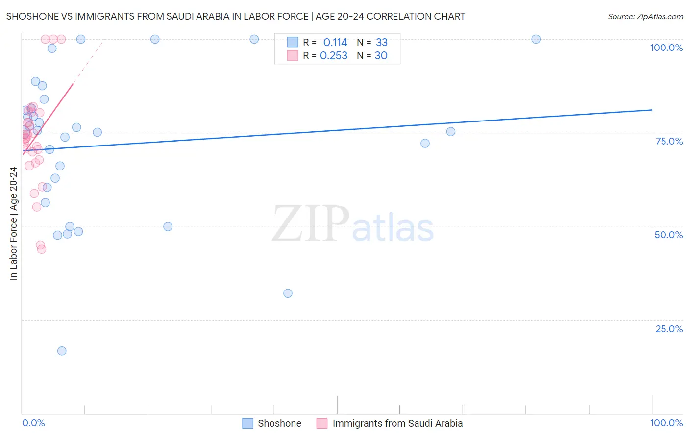 Shoshone vs Immigrants from Saudi Arabia In Labor Force | Age 20-24