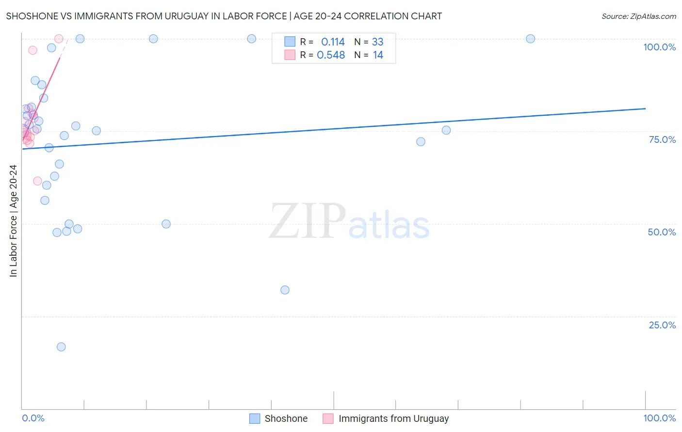 Shoshone vs Immigrants from Uruguay In Labor Force | Age 20-24