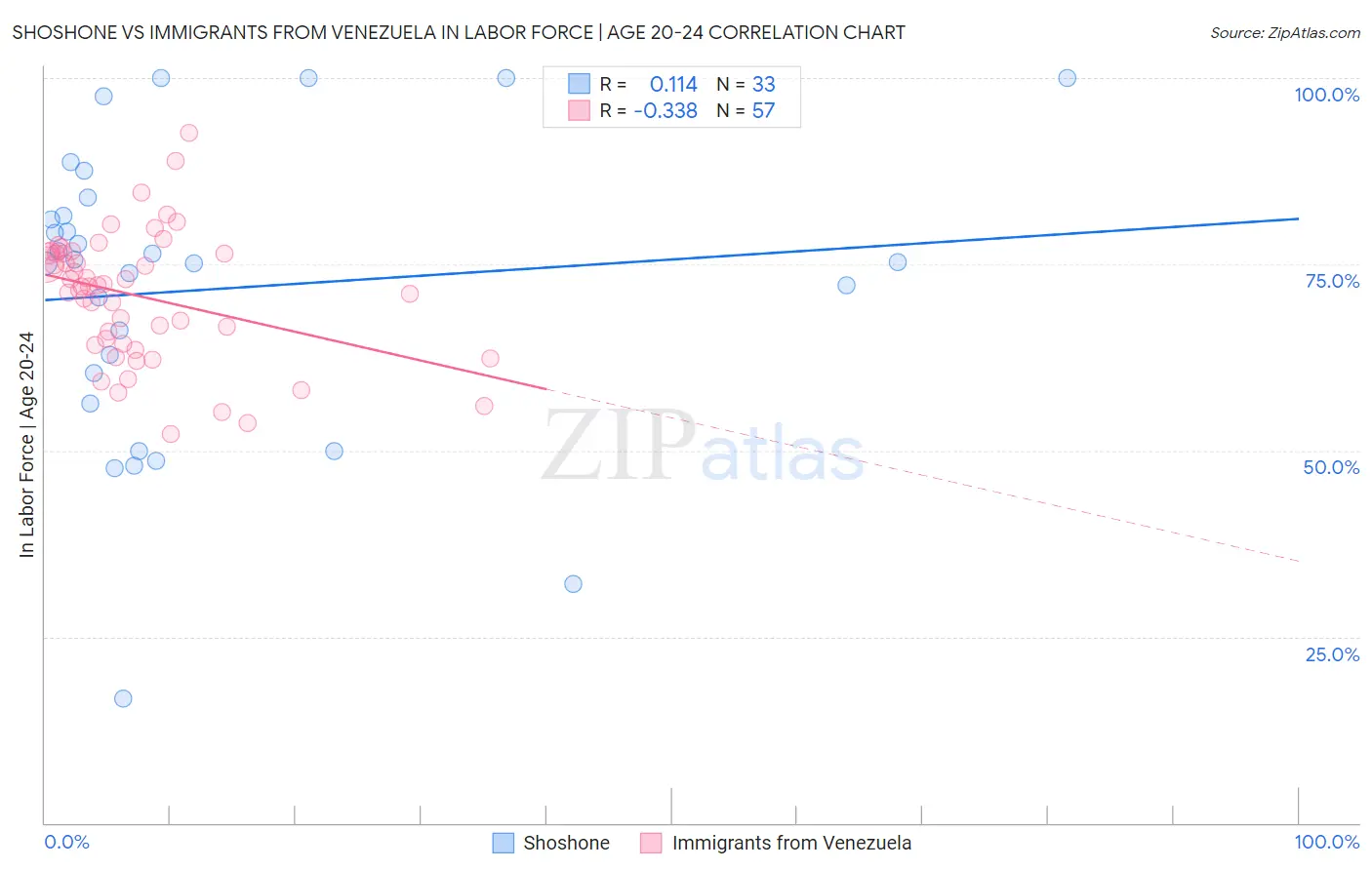 Shoshone vs Immigrants from Venezuela In Labor Force | Age 20-24