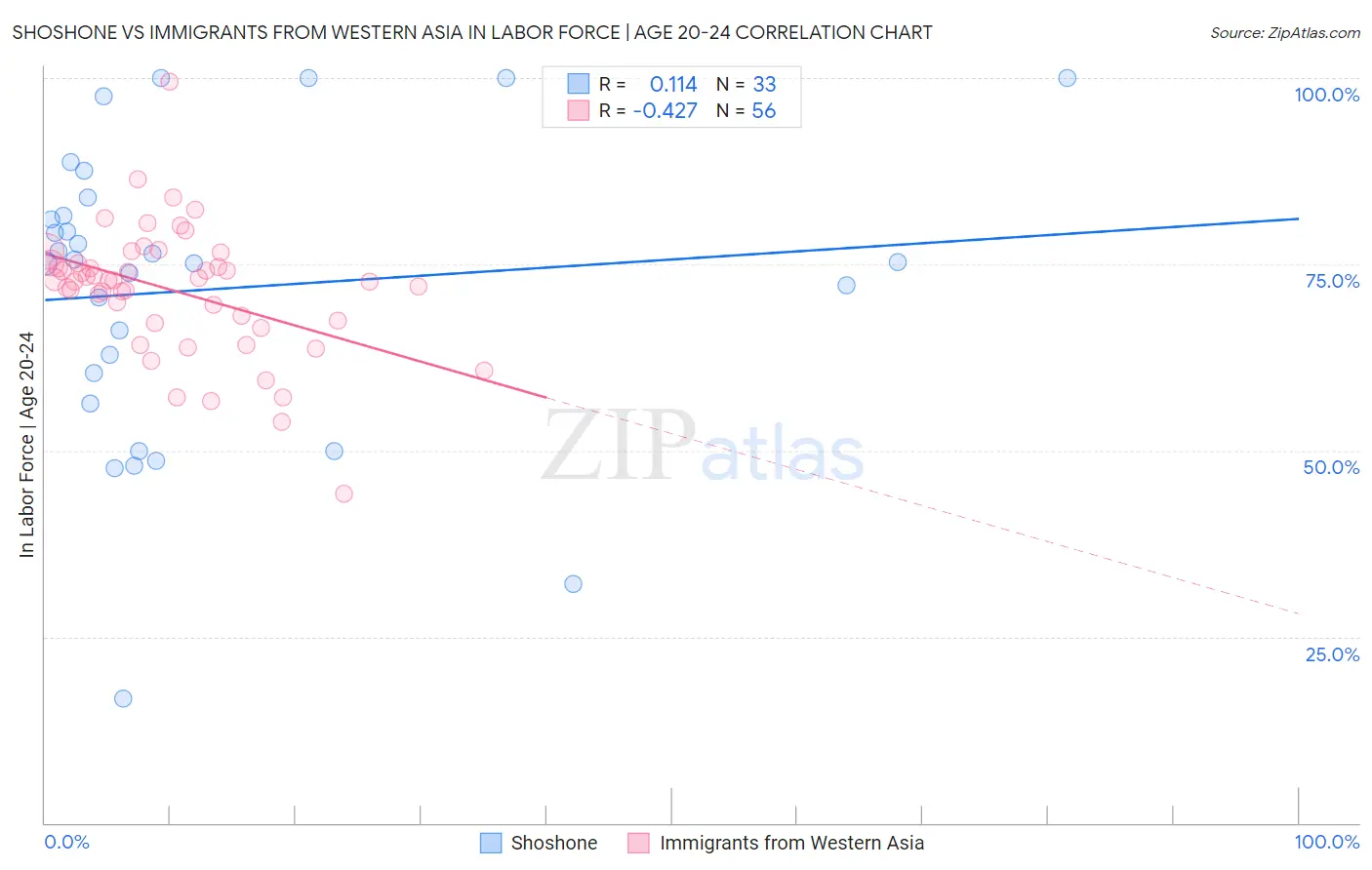 Shoshone vs Immigrants from Western Asia In Labor Force | Age 20-24