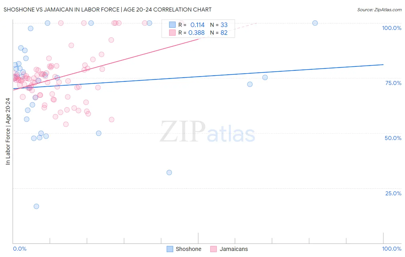 Shoshone vs Jamaican In Labor Force | Age 20-24