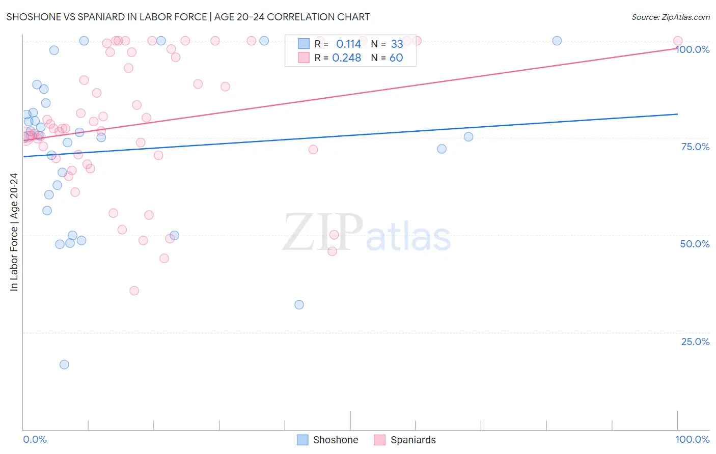 Shoshone vs Spaniard In Labor Force | Age 20-24