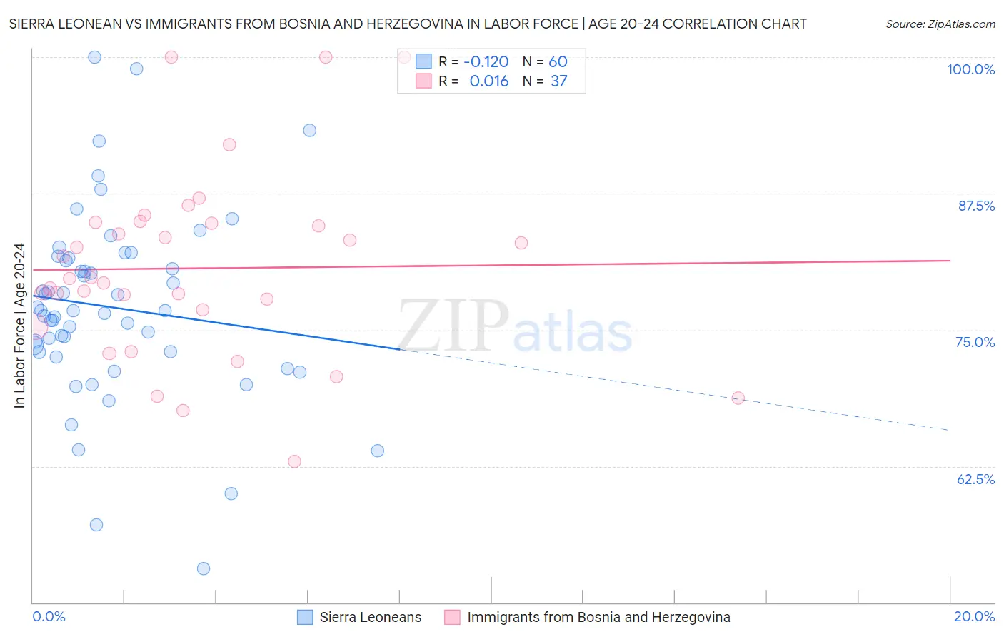 Sierra Leonean vs Immigrants from Bosnia and Herzegovina In Labor Force | Age 20-24
