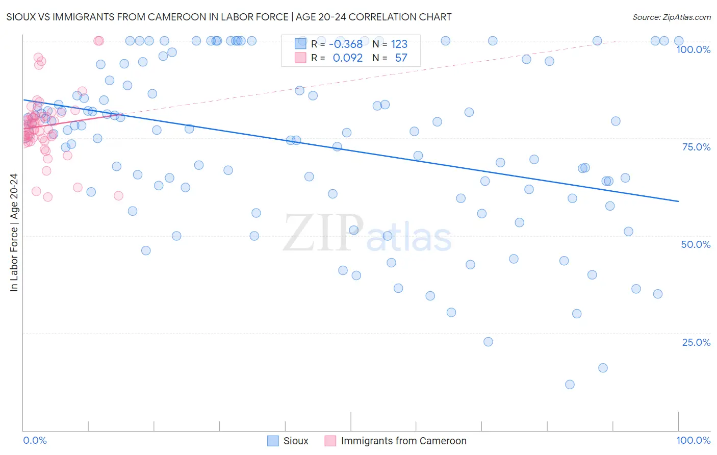 Sioux vs Immigrants from Cameroon In Labor Force | Age 20-24