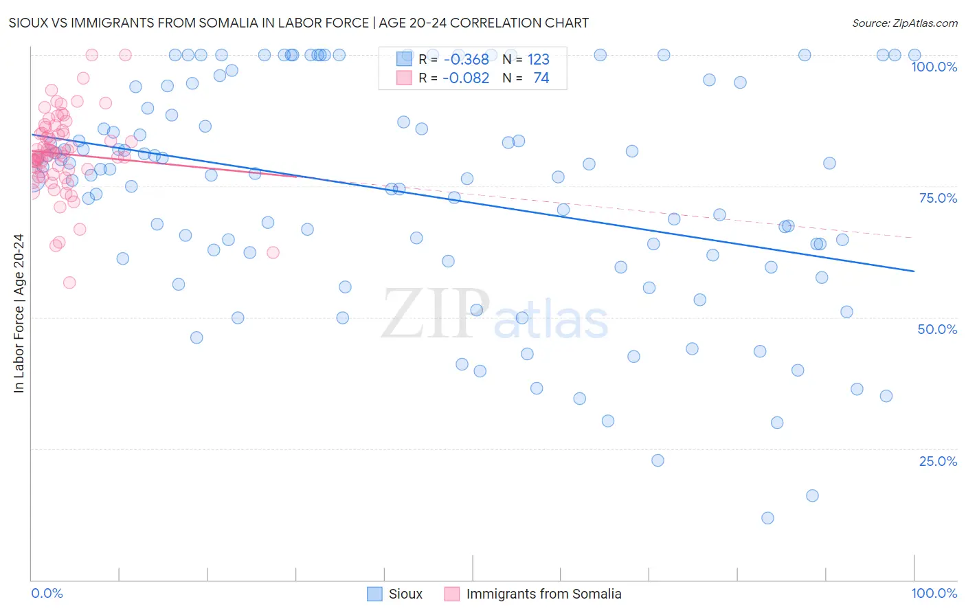 Sioux vs Immigrants from Somalia In Labor Force | Age 20-24