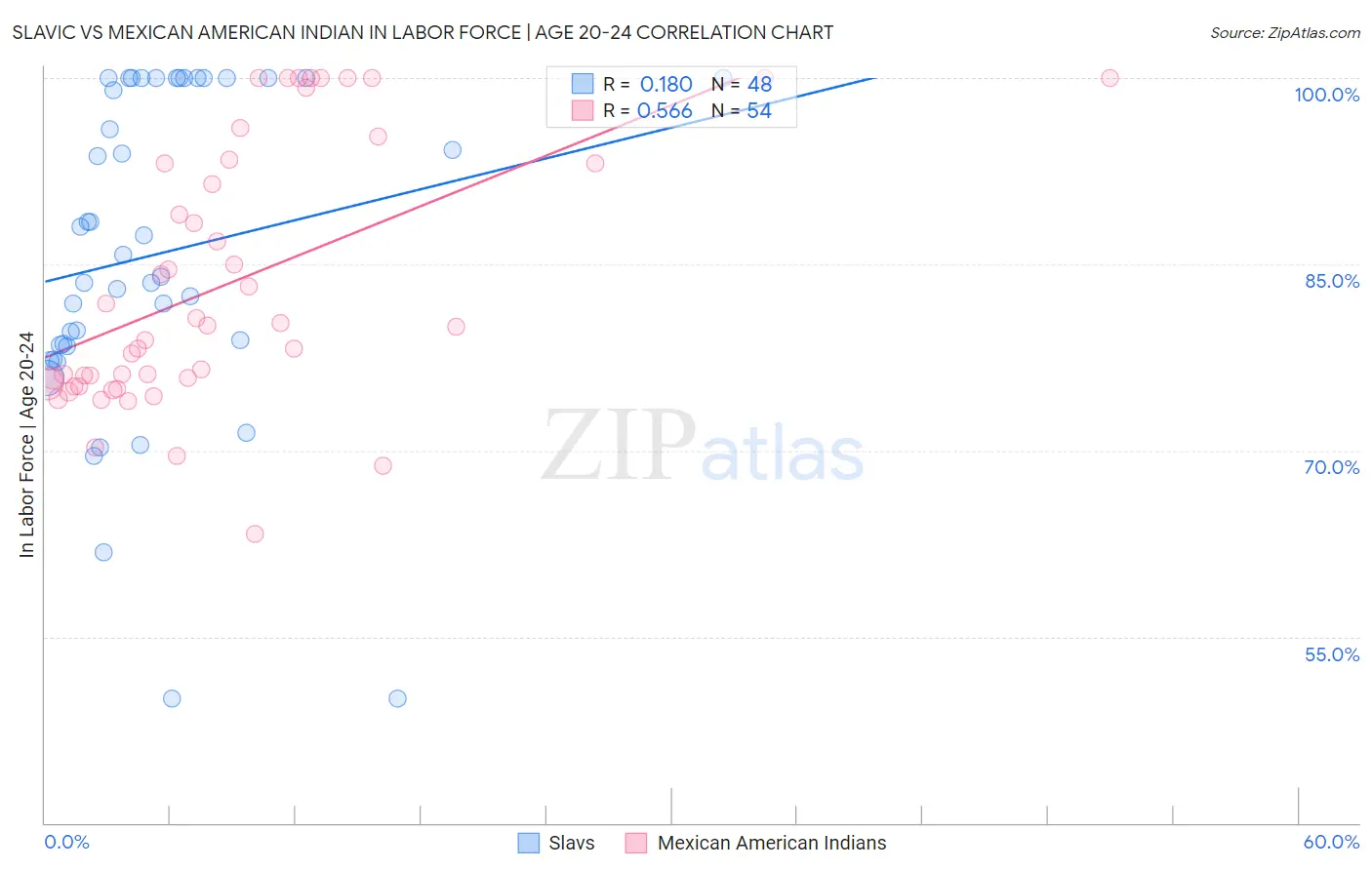 Slavic vs Mexican American Indian In Labor Force | Age 20-24