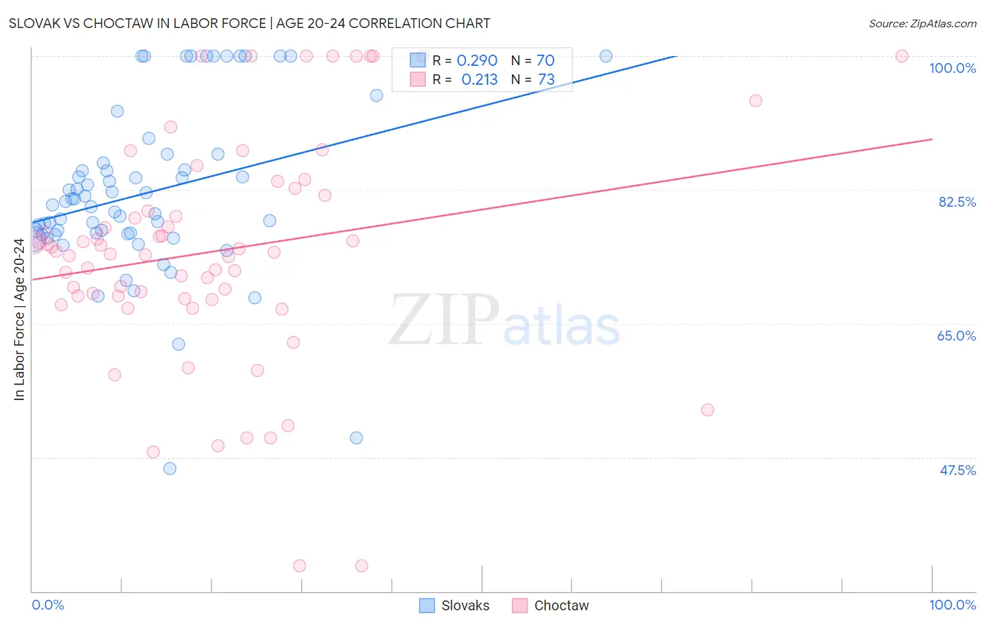 Slovak vs Choctaw In Labor Force | Age 20-24