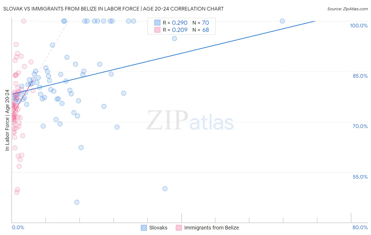 Slovak vs Immigrants from Belize In Labor Force | Age 20-24