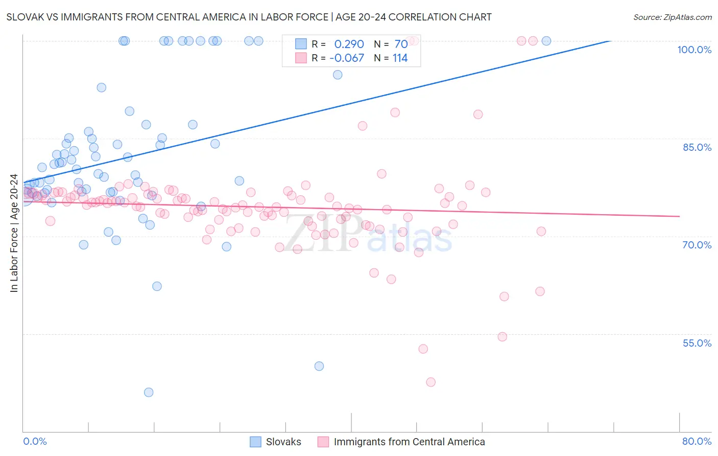 Slovak vs Immigrants from Central America In Labor Force | Age 20-24