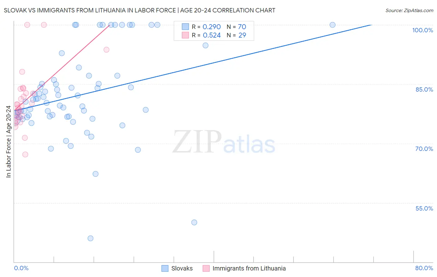 Slovak vs Immigrants from Lithuania In Labor Force | Age 20-24