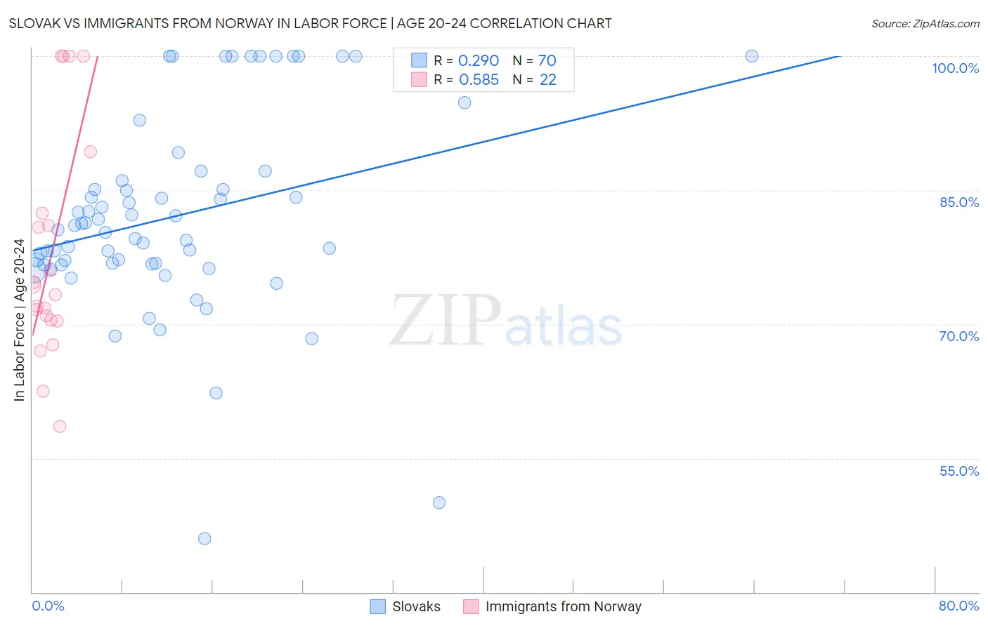 Slovak vs Immigrants from Norway In Labor Force | Age 20-24