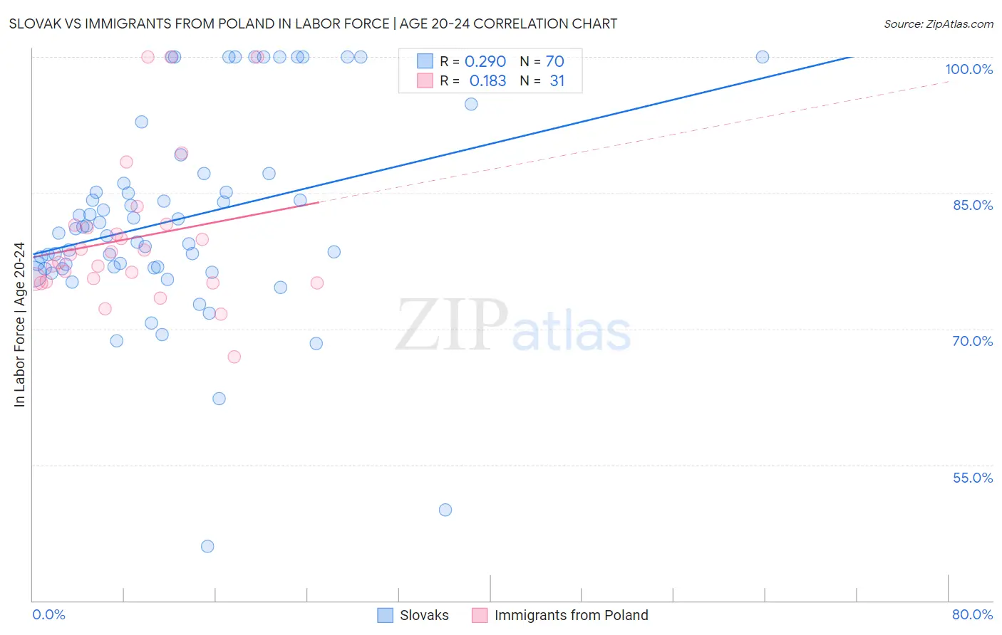 Slovak vs Immigrants from Poland In Labor Force | Age 20-24