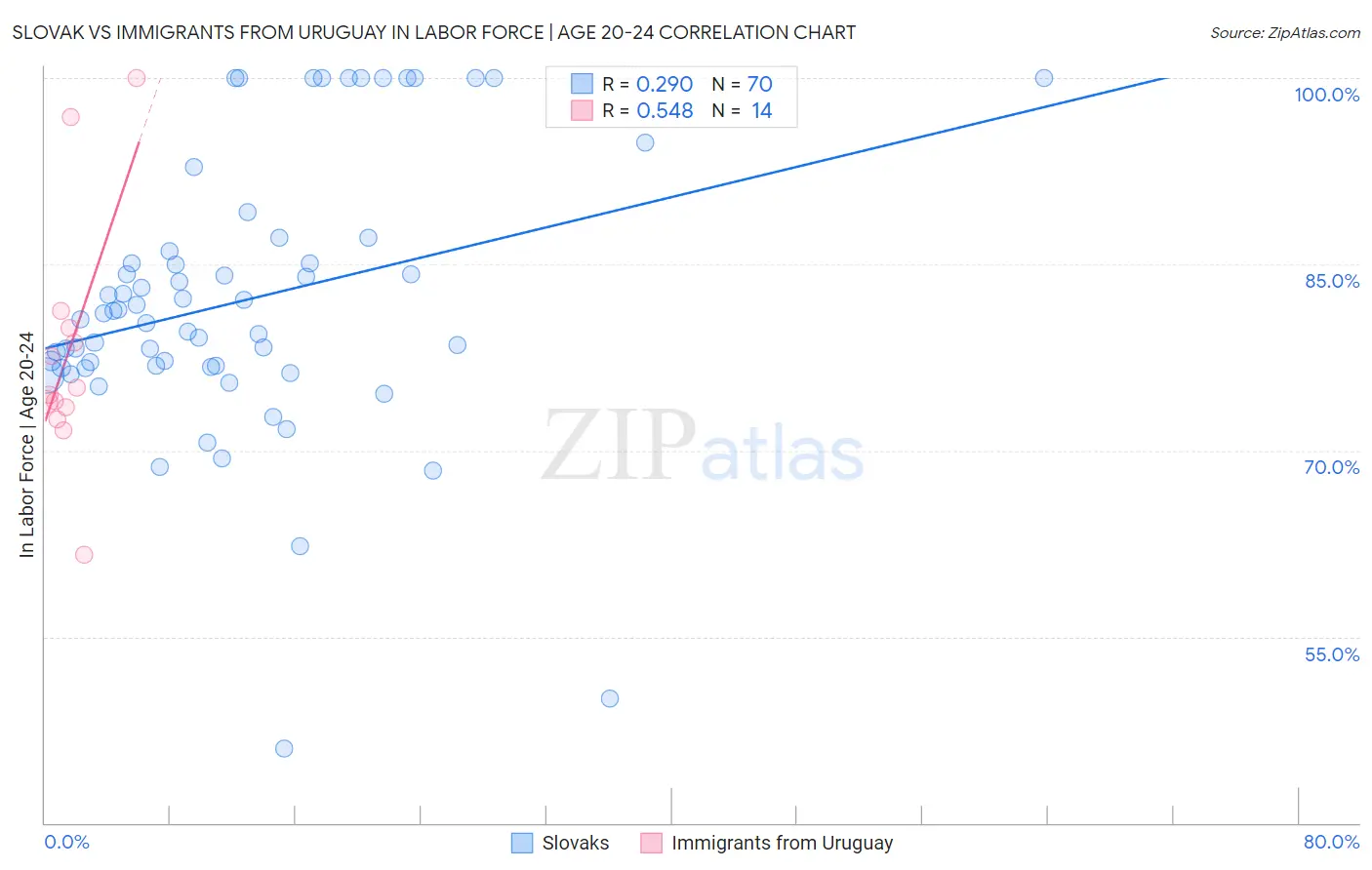 Slovak vs Immigrants from Uruguay In Labor Force | Age 20-24