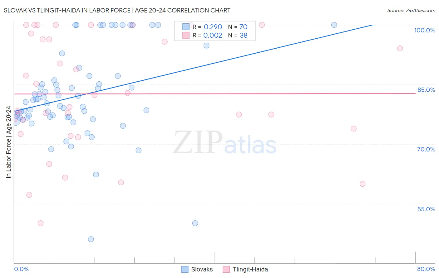 Slovak vs Tlingit-Haida In Labor Force | Age 20-24
