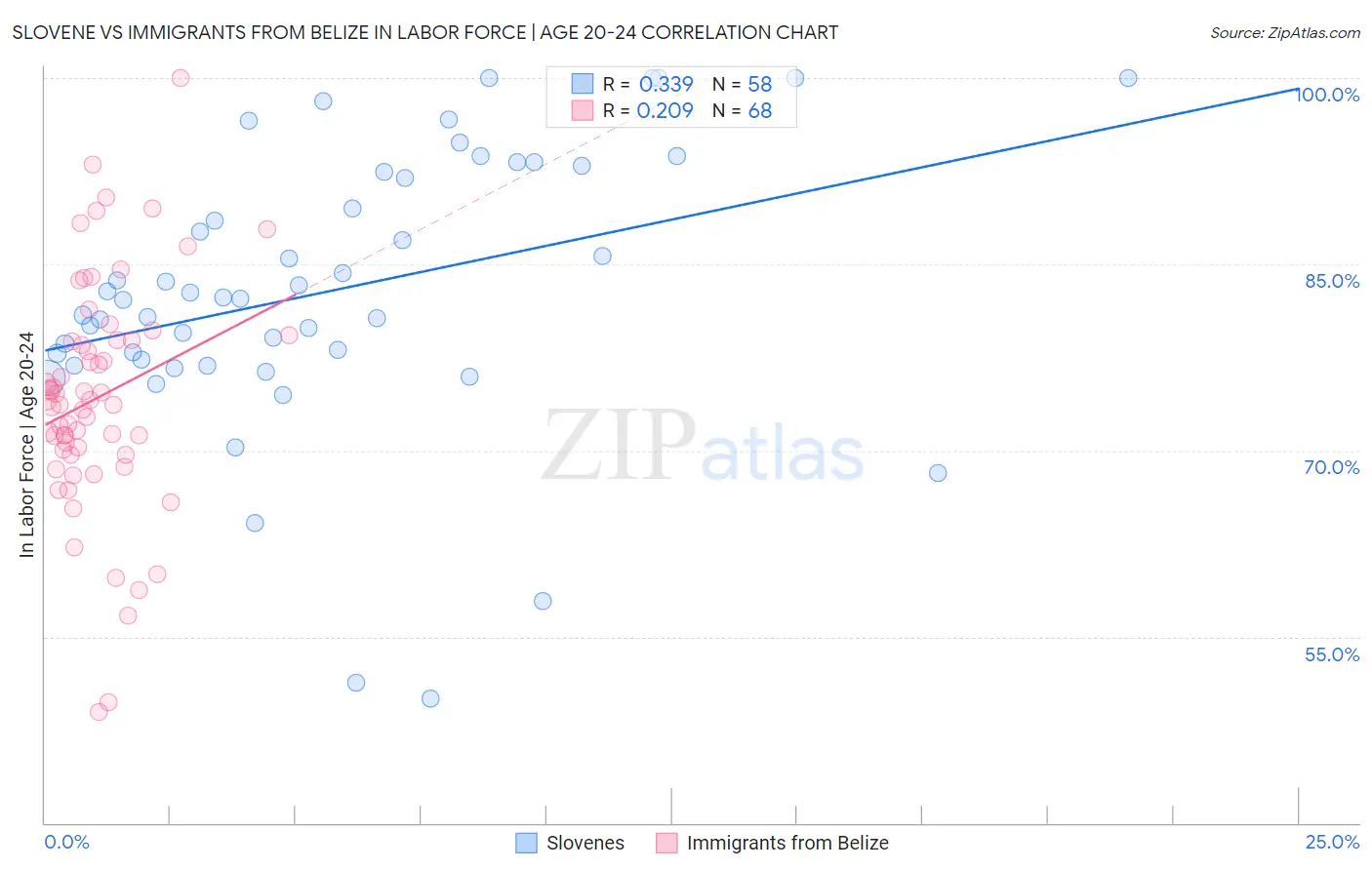 Slovene vs Immigrants from Belize In Labor Force | Age 20-24