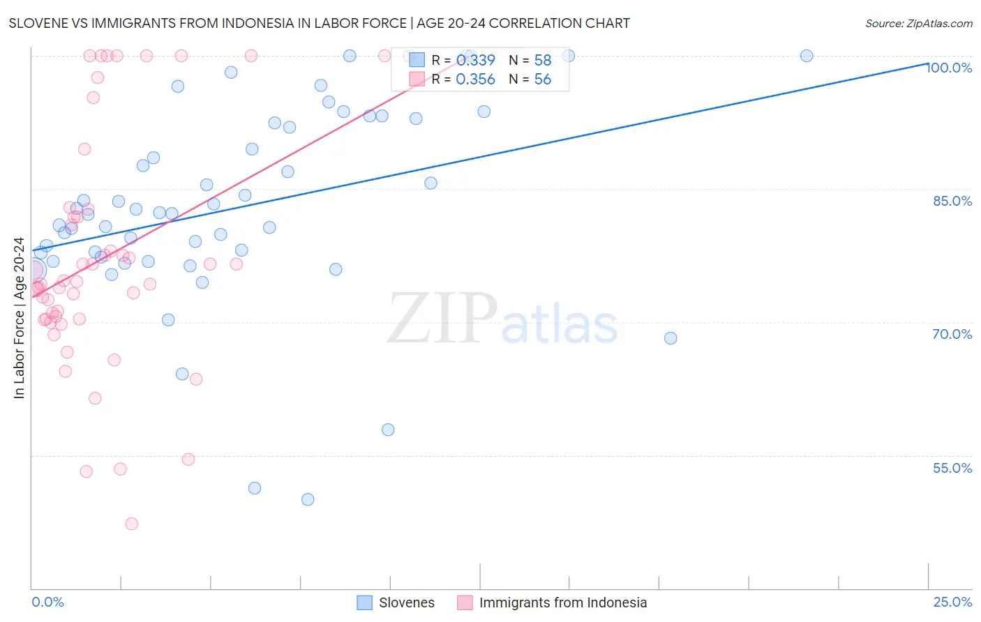 Slovene vs Immigrants from Indonesia In Labor Force | Age 20-24