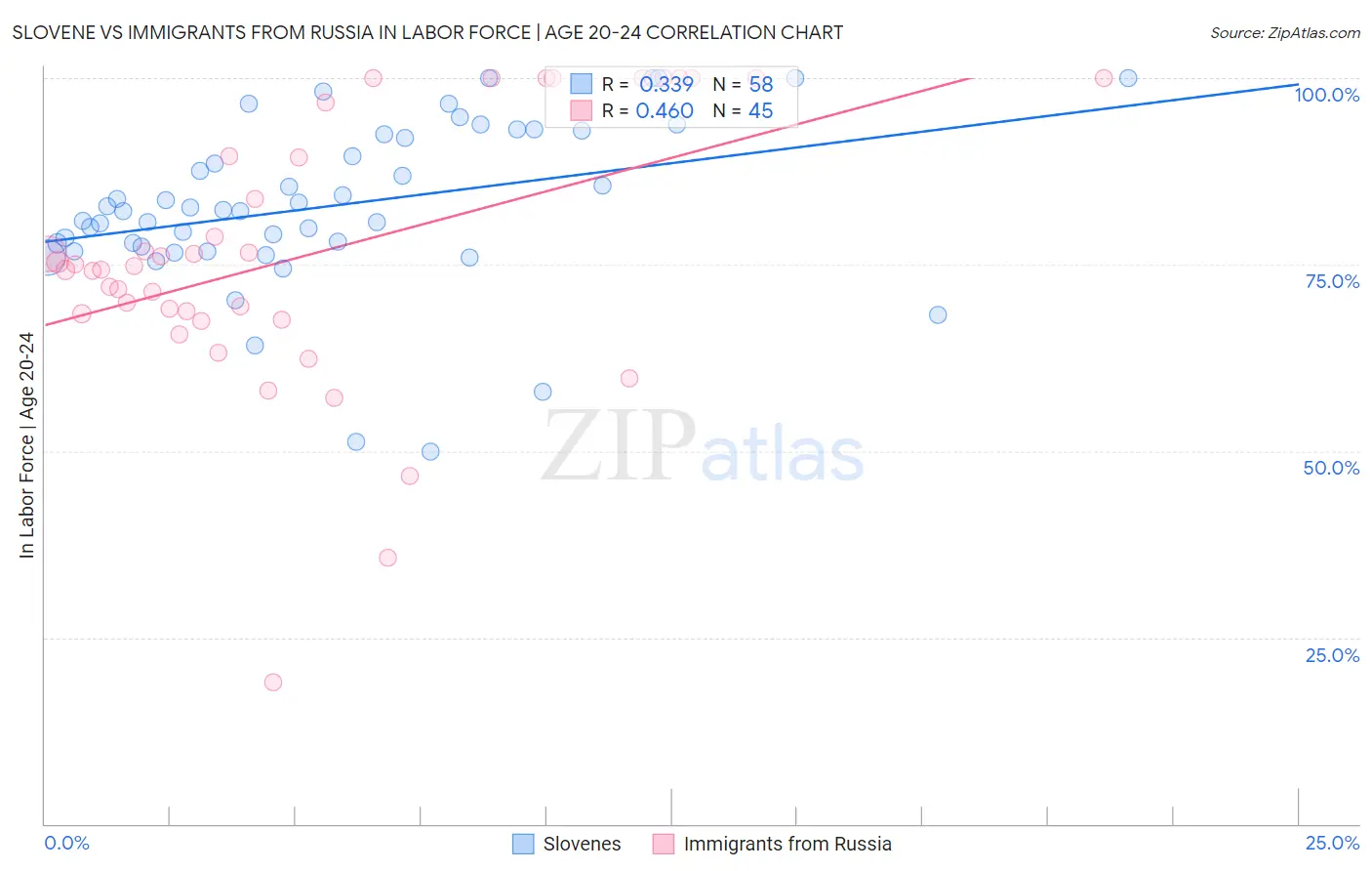 Slovene vs Immigrants from Russia In Labor Force | Age 20-24