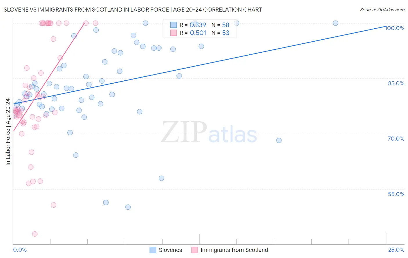 Slovene vs Immigrants from Scotland In Labor Force | Age 20-24