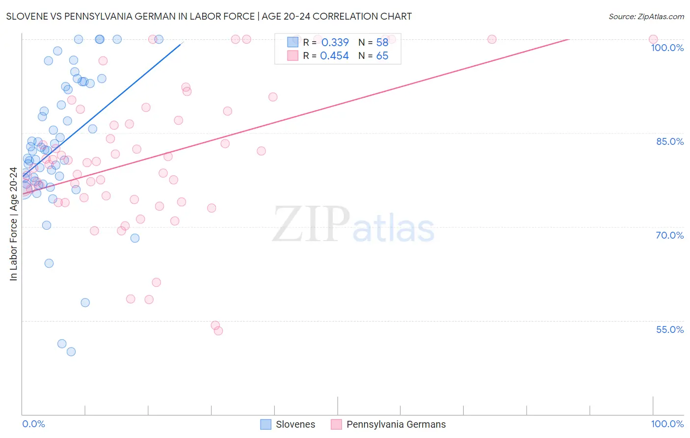 Slovene vs Pennsylvania German In Labor Force | Age 20-24