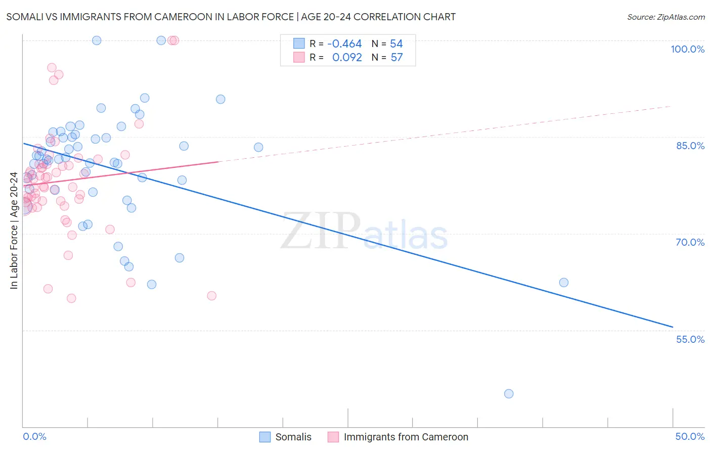 Somali vs Immigrants from Cameroon In Labor Force | Age 20-24