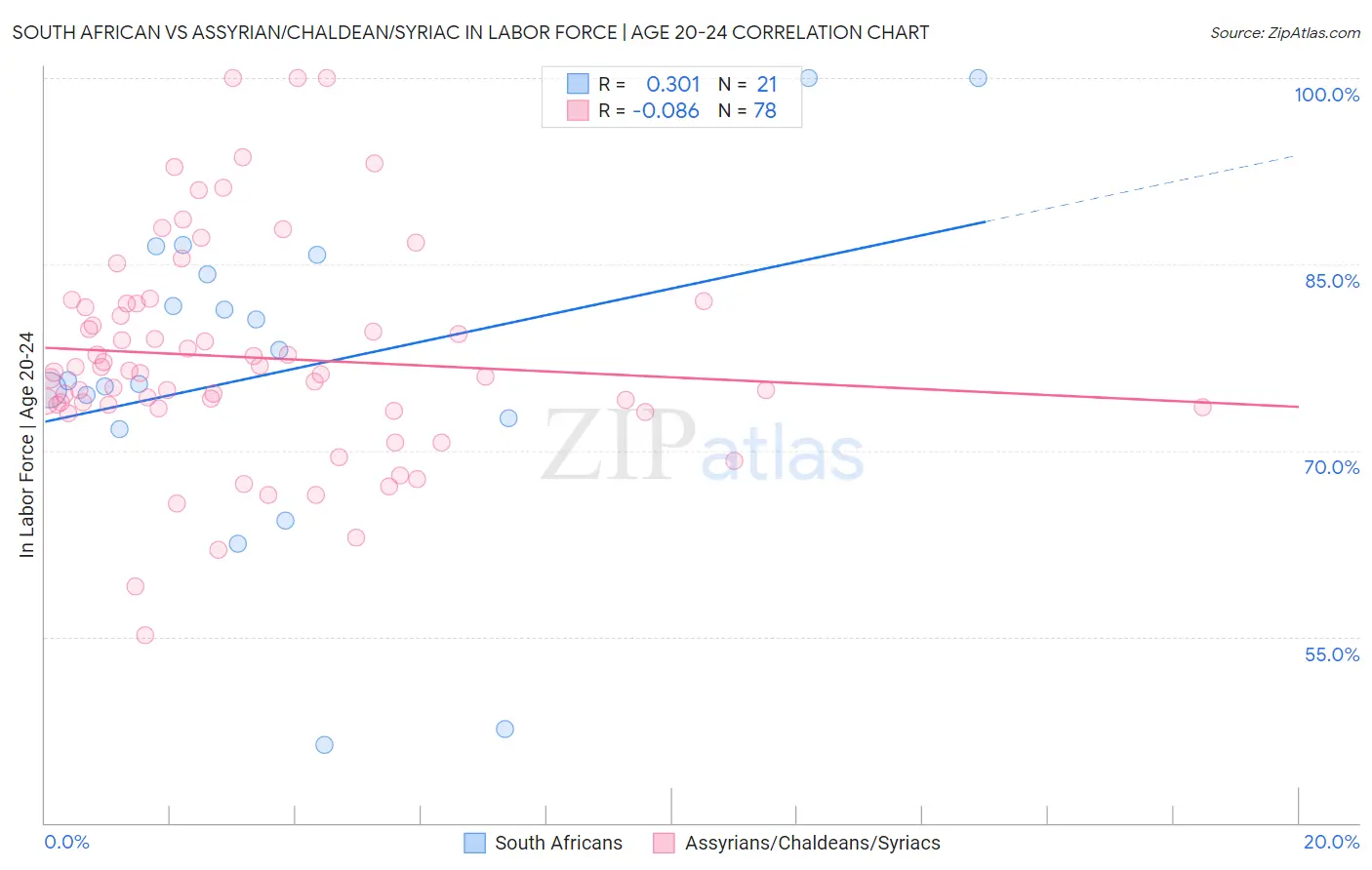 South African vs Assyrian/Chaldean/Syriac In Labor Force | Age 20-24