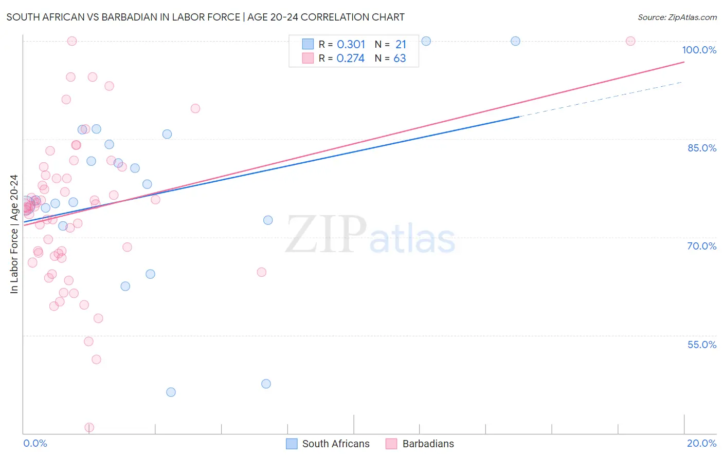 South African vs Barbadian In Labor Force | Age 20-24