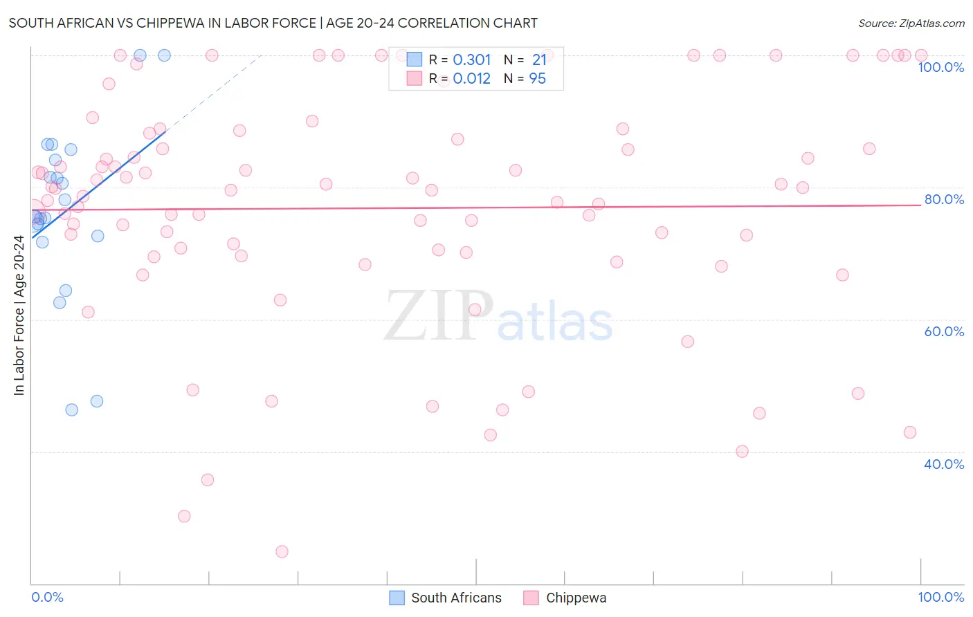 South African vs Chippewa In Labor Force | Age 20-24