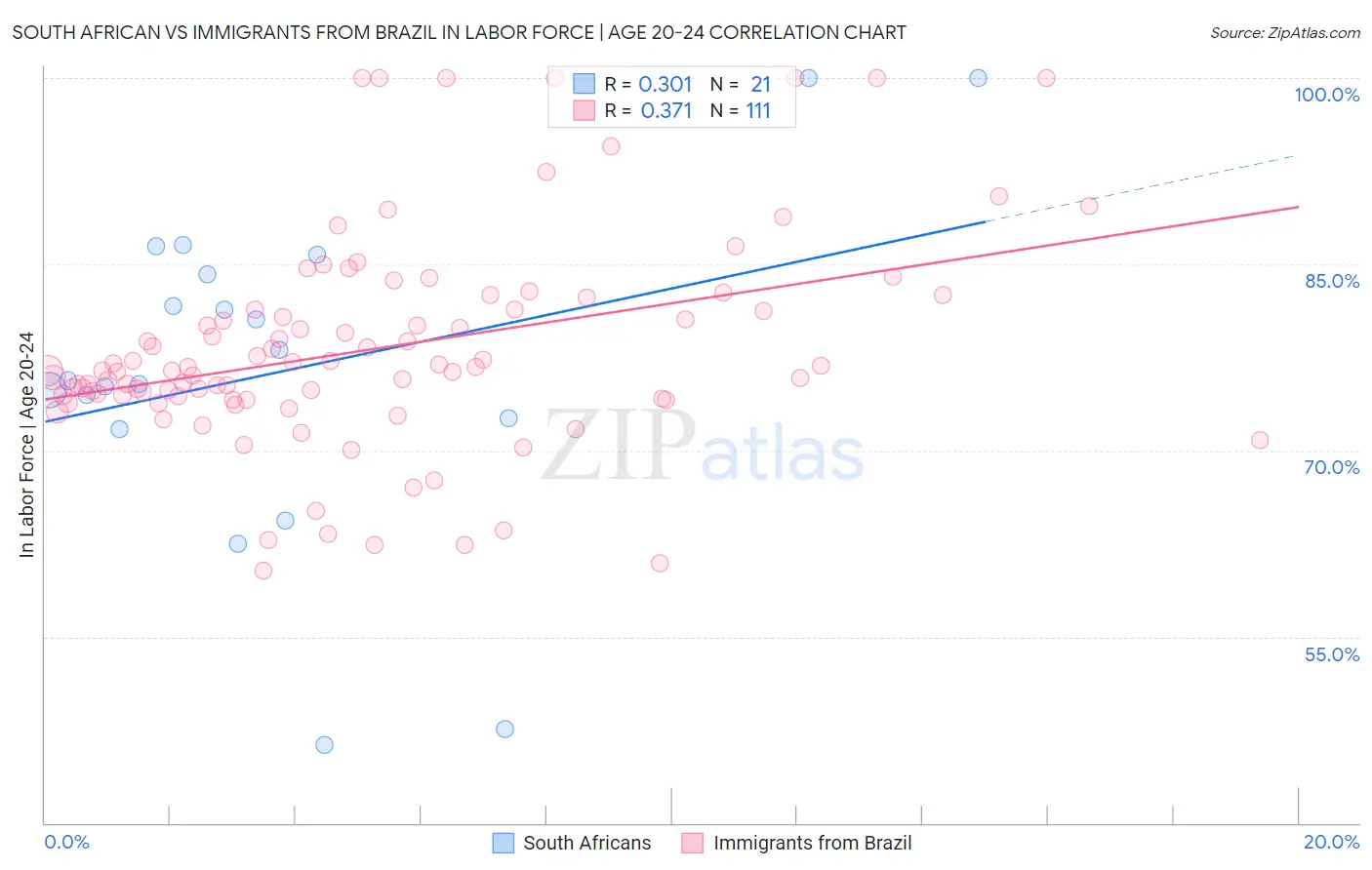 South African vs Immigrants from Brazil In Labor Force | Age 20-24