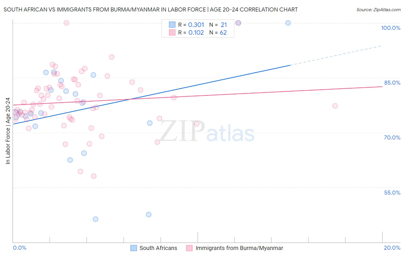 South African vs Immigrants from Burma/Myanmar In Labor Force | Age 20-24