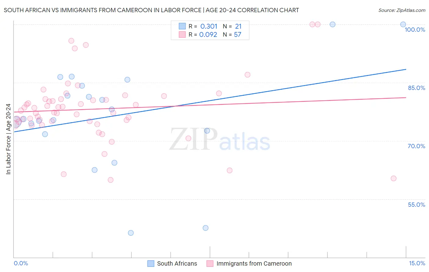 South African vs Immigrants from Cameroon In Labor Force | Age 20-24