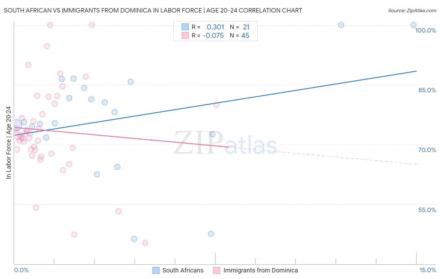 South African vs Immigrants from Dominica In Labor Force | Age 20-24