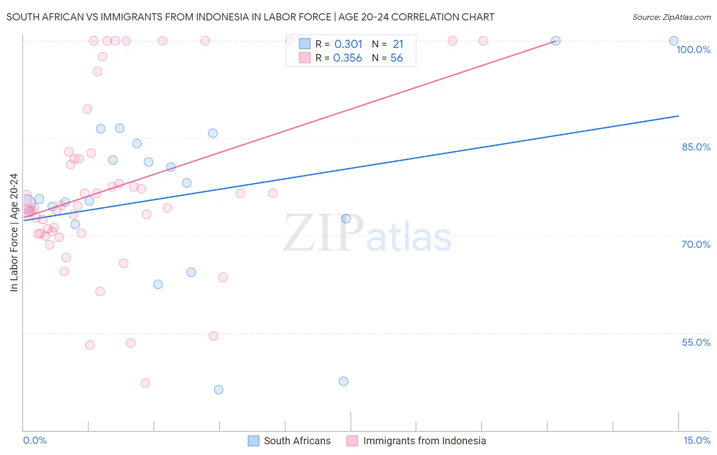 South African vs Immigrants from Indonesia In Labor Force | Age 20-24