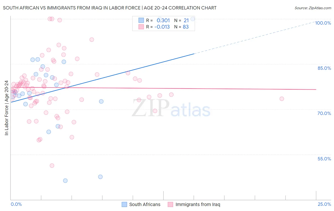 South African vs Immigrants from Iraq In Labor Force | Age 20-24