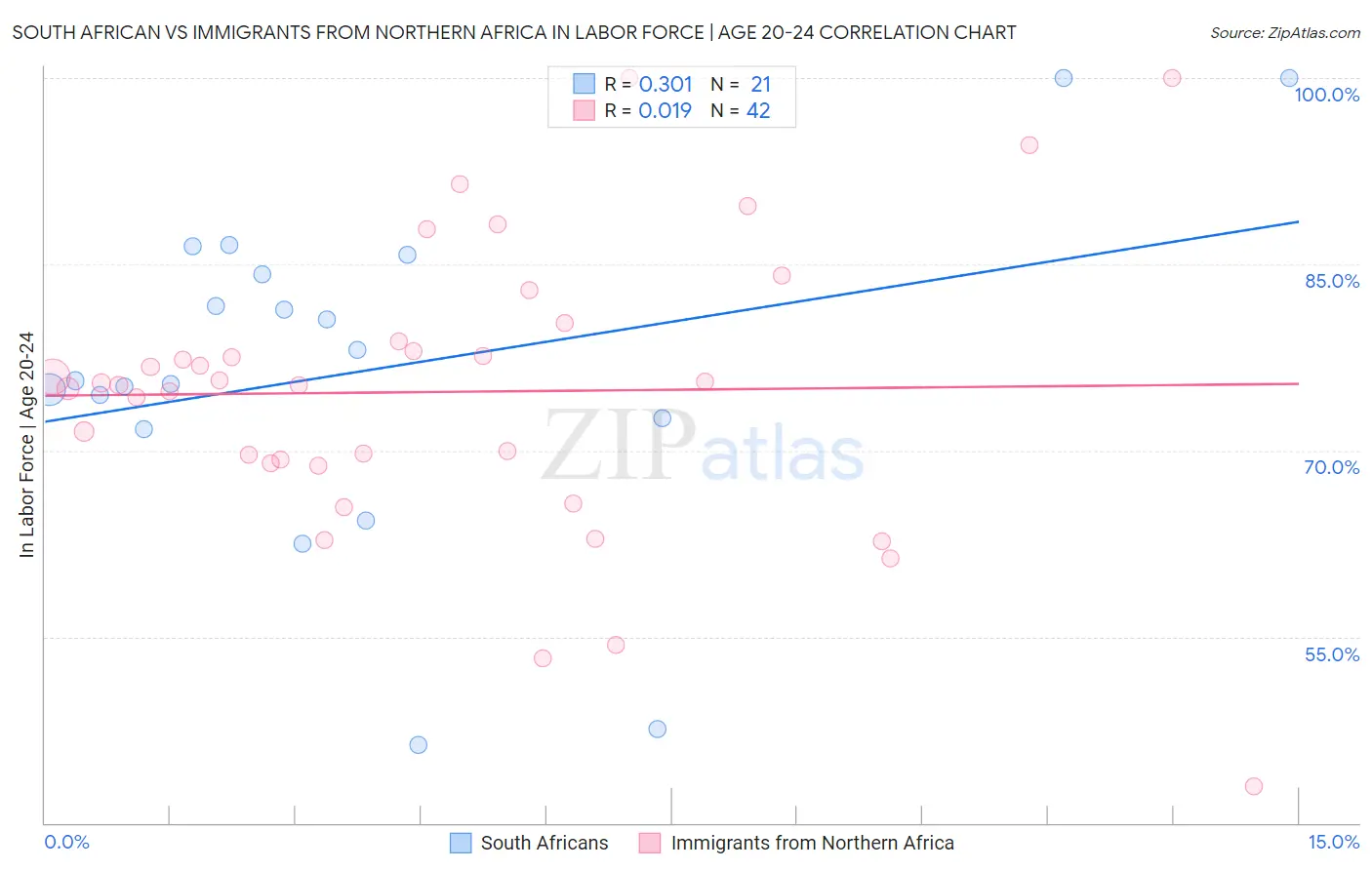 South African vs Immigrants from Northern Africa In Labor Force | Age 20-24