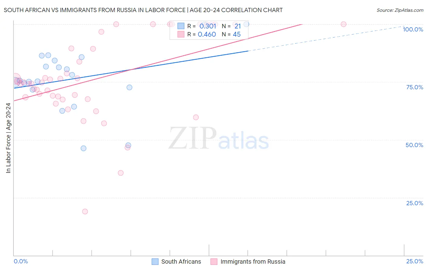 South African vs Immigrants from Russia In Labor Force | Age 20-24