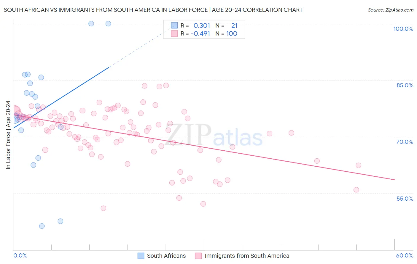 South African vs Immigrants from South America In Labor Force | Age 20-24