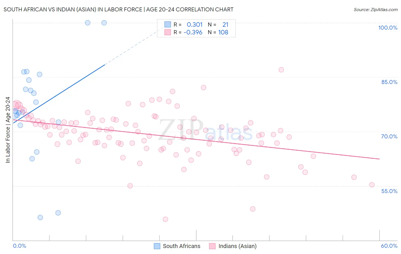 South African vs Indian (Asian) In Labor Force | Age 20-24