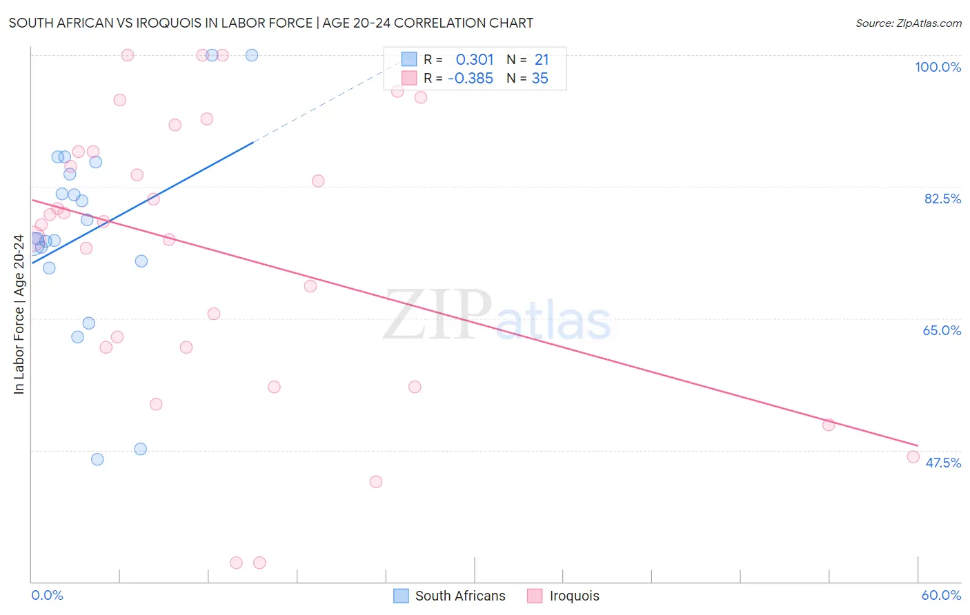 South African vs Iroquois In Labor Force | Age 20-24