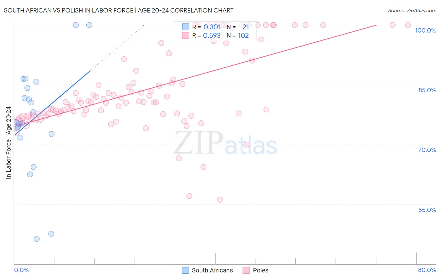 South African vs Polish In Labor Force | Age 20-24