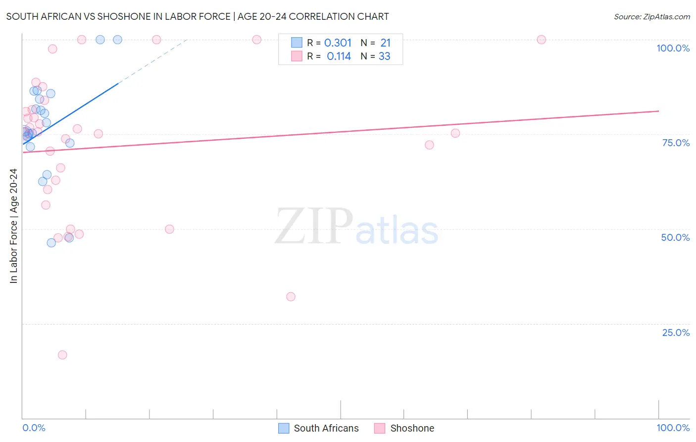 South African vs Shoshone In Labor Force | Age 20-24