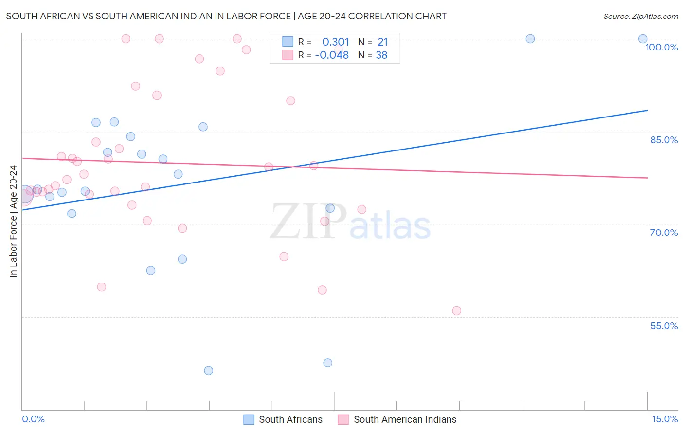 South African vs South American Indian In Labor Force | Age 20-24