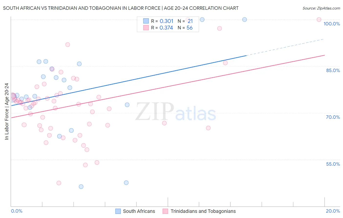 South African vs Trinidadian and Tobagonian In Labor Force | Age 20-24