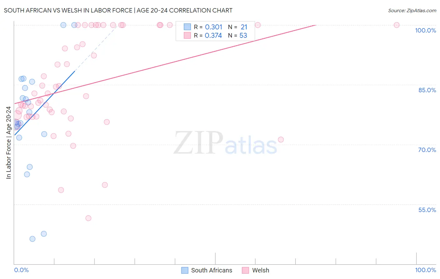 South African vs Welsh In Labor Force | Age 20-24
