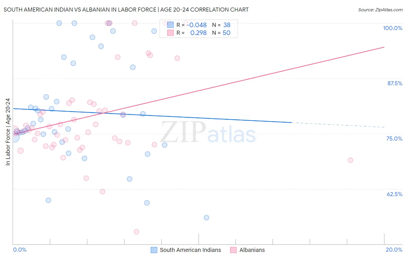 South American Indian vs Albanian In Labor Force | Age 20-24