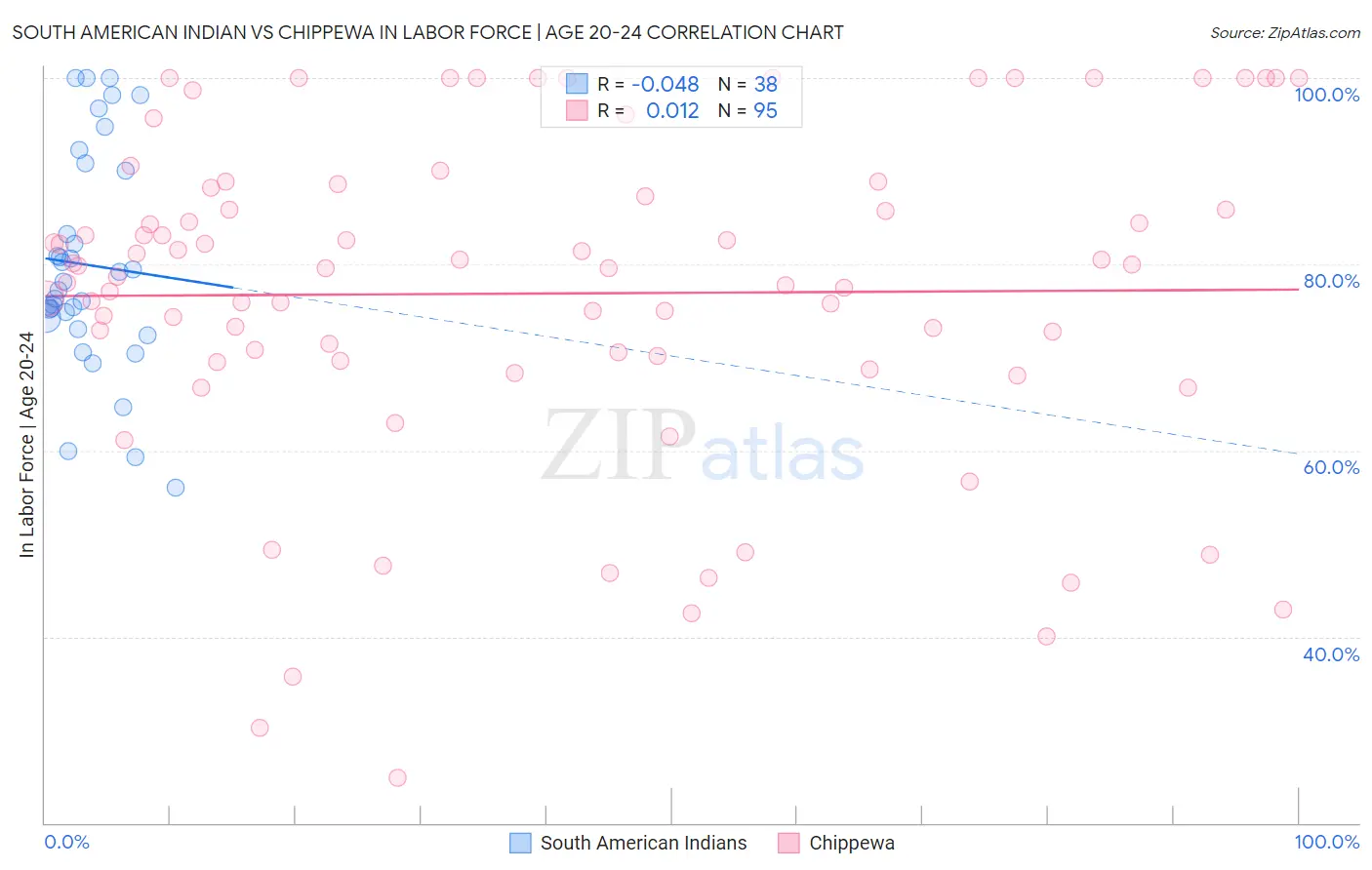 South American Indian vs Chippewa In Labor Force | Age 20-24