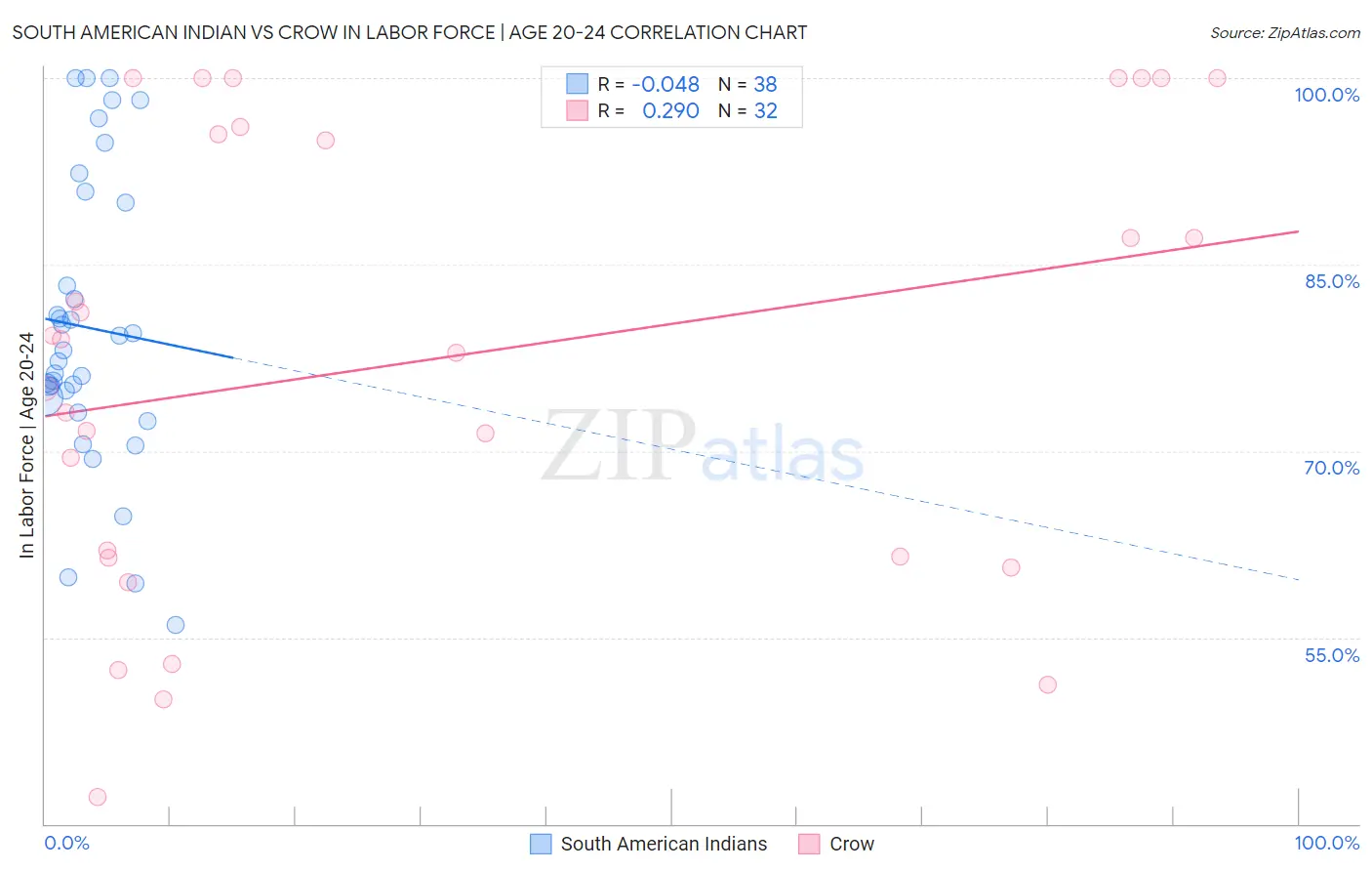 South American Indian vs Crow In Labor Force | Age 20-24
