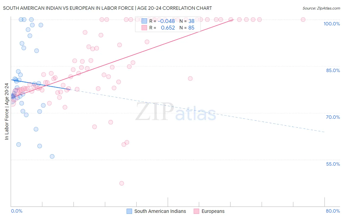South American Indian vs European In Labor Force | Age 20-24